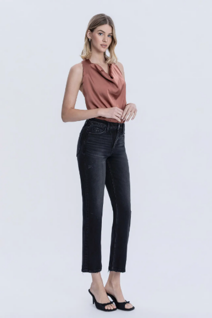 FLYING MONKEY - Mid Rise Black Ankle Straight Jeans in Verdant Gleam