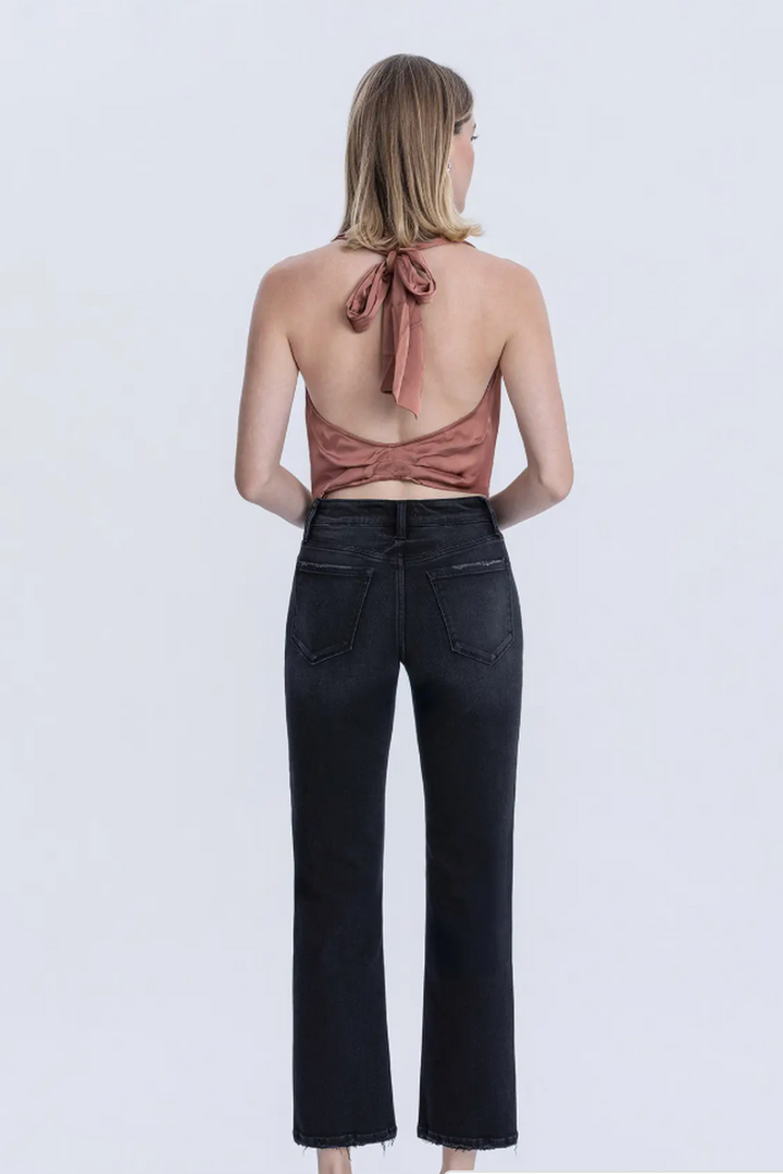 FLYING MONKEY - Mid Rise Black Ankle Straight Jeans in Verdant Gleam