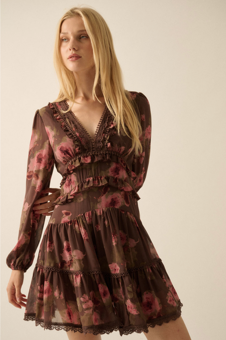 Promesa USA - Floral Chiffon Ruffled Lace-Trimmed Mini Dress in Chocolate