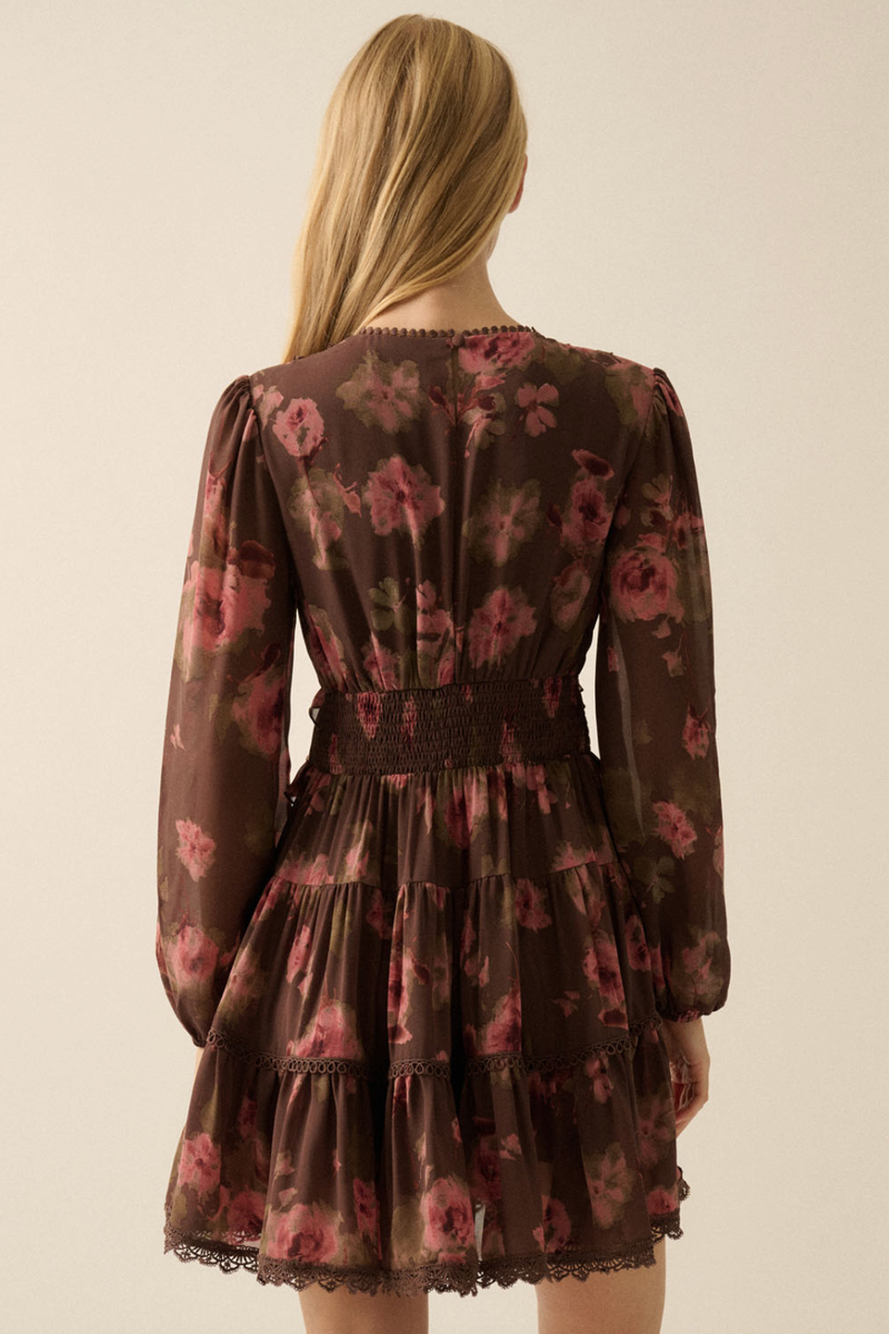 Promesa USA - Floral Chiffon Ruffled Lace-Trimmed Mini Dress in Chocolate