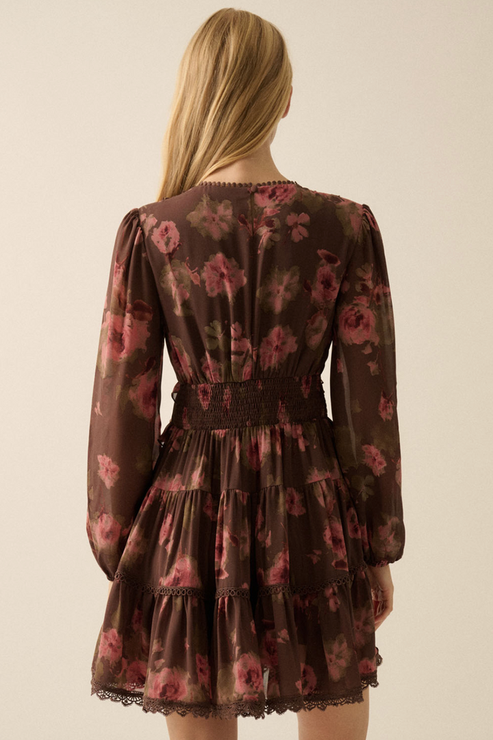 Promesa USA - Floral Chiffon Ruffled Lace-Trimmed Mini Dress in Chocolate