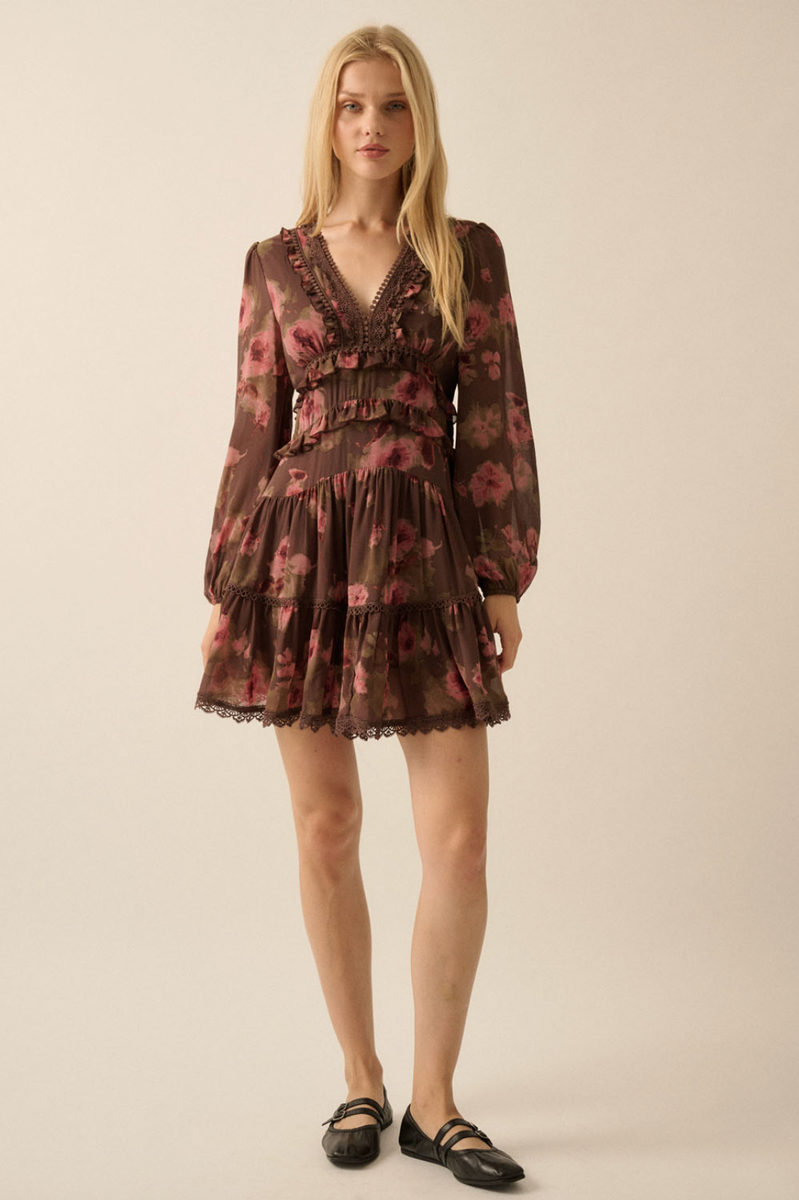 Promesa USA - Floral Chiffon Ruffled Lace-Trimmed Mini Dress in Chocolate