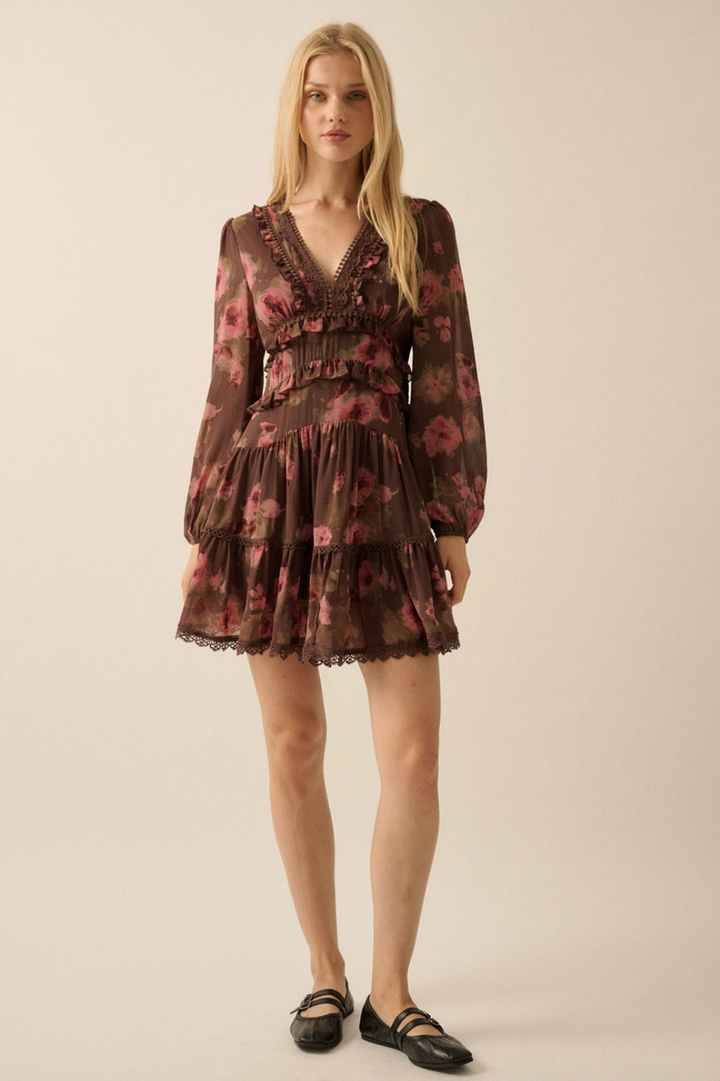 Promesa USA - Floral Chiffon Ruffled Lace-Trimmed Mini Dress in Chocolate