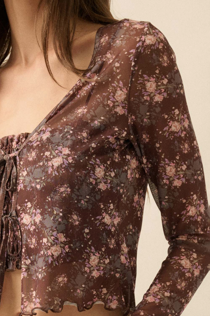 Promesa USA - Floral-Print Mesh Layered Tie-Front Top in Brown