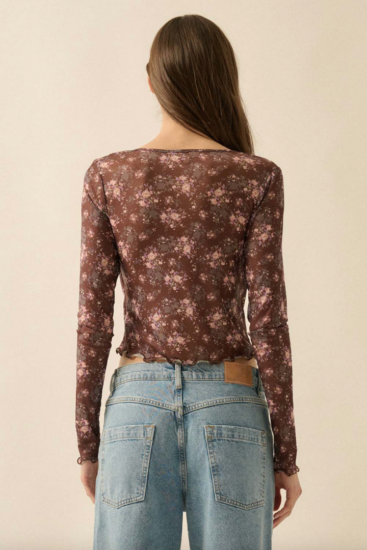 Promesa USA - Floral-Print Mesh Layered Tie-Front Top in Brown