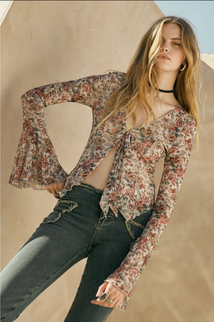 Promesa USA - Floral-Print Mesh Tie-Neck Bell-Sleeve Top in Cream