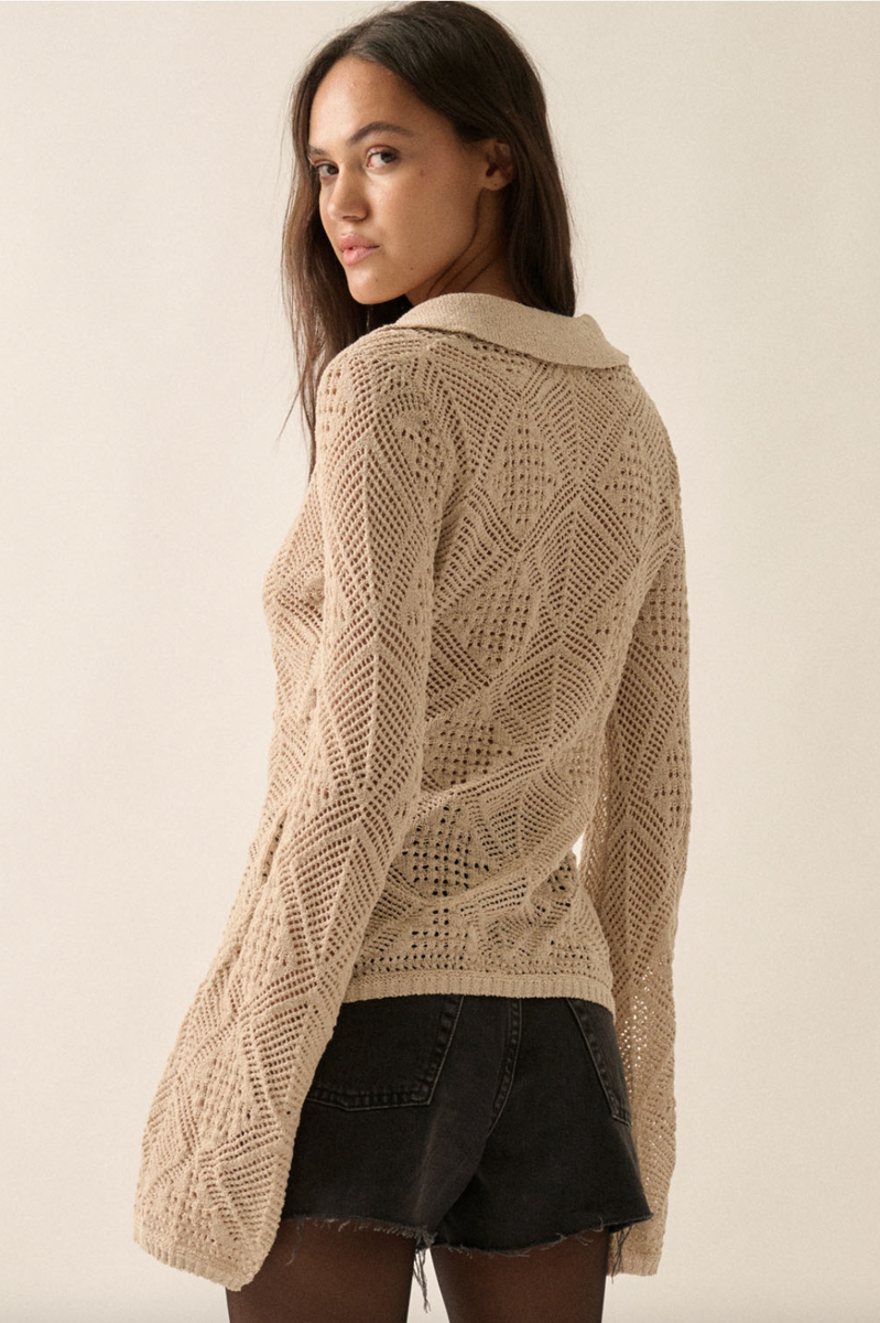 Promesa USA - Solid Geometric-Pointelle Bell-Sleeve Cardigan in Oatmeal