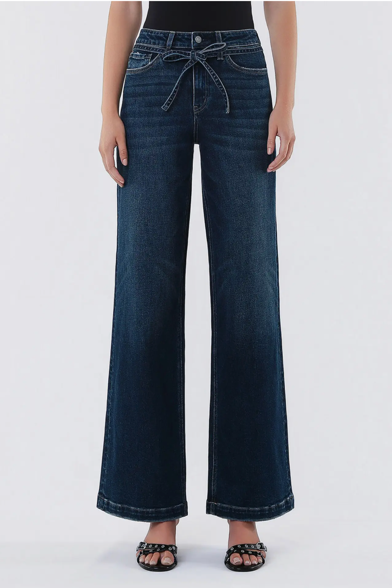 VERVET by FLYING MONKEY - High Rise Dark Wash Waist Tie Wide Jeans in Astonishment