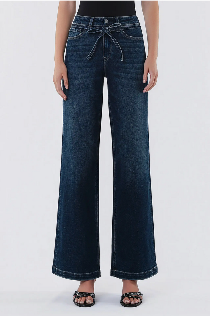 VERVET by FLYING MONKEY - High Rise Dark Wash Waist Tie Wide Jeans in Astonishment