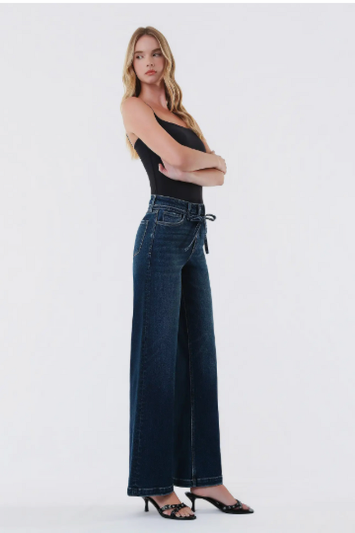 VERVET by FLYING MONKEY - High Rise Dark Wash Waist Tie Wide Jeans in Astonishment