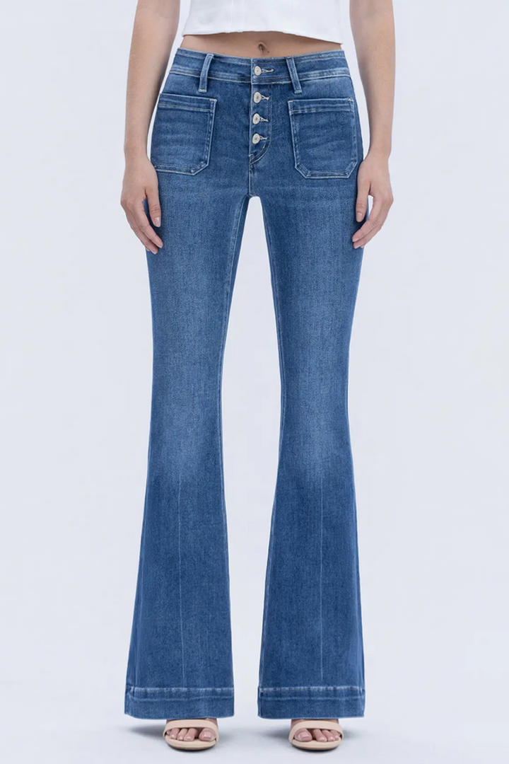 VERVET by FLYING MONKEY - Mid Rise Button Fly Trouser Hem Flare Jeans in Gleefully