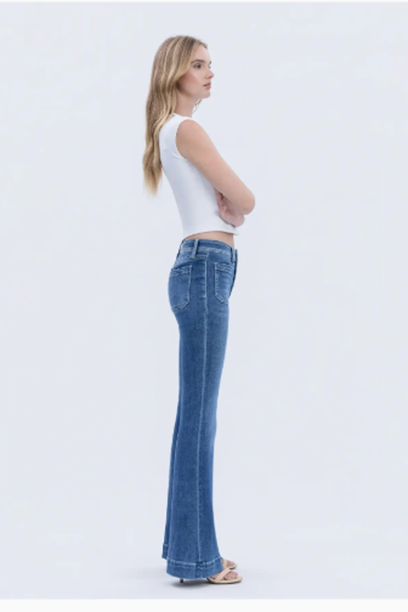 VERVET by FLYING MONKEY - Mid Rise Button Fly Trouser Hem Flare Jeans in Gleefully