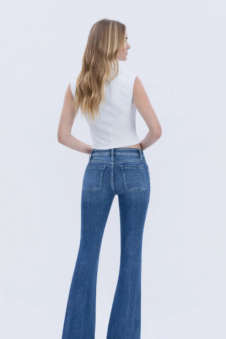 VERVET by FLYING MONKEY - Mid Rise Button Fly Trouser Hem Flare Jeans in Gleefully