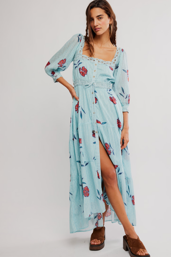 Free People - Morning Meadows Long-Sleeve Maxi Dress in Pastel Blue Combo