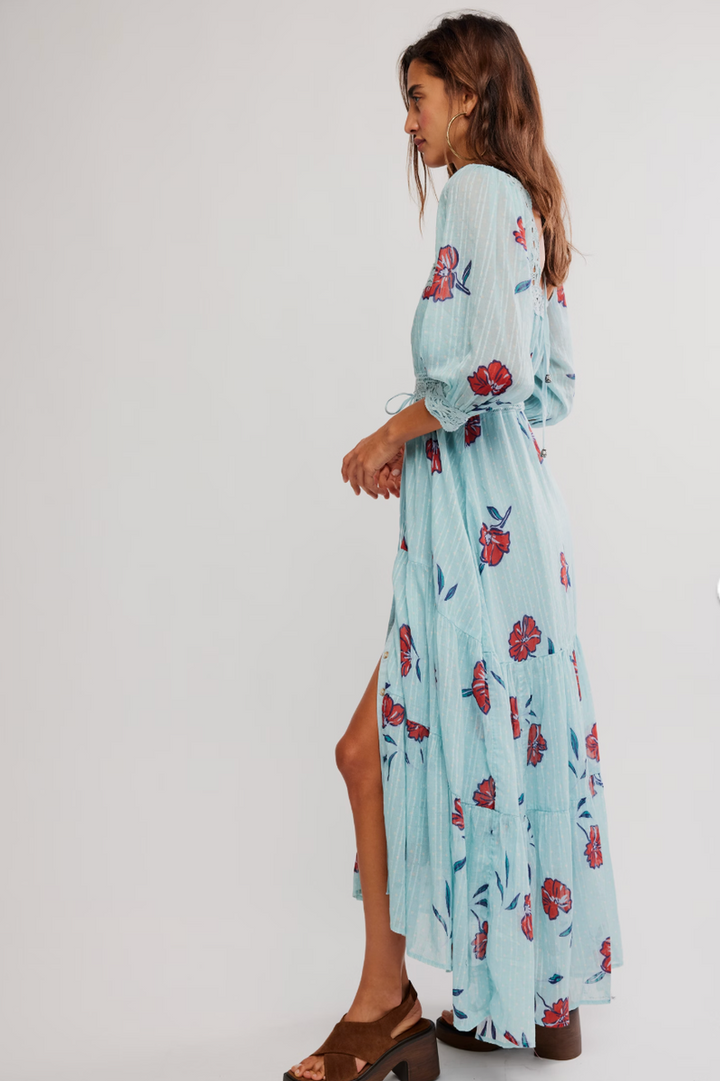 Free People - Morning Meadows Long-Sleeve Maxi Dress in Pastel Blue Combo