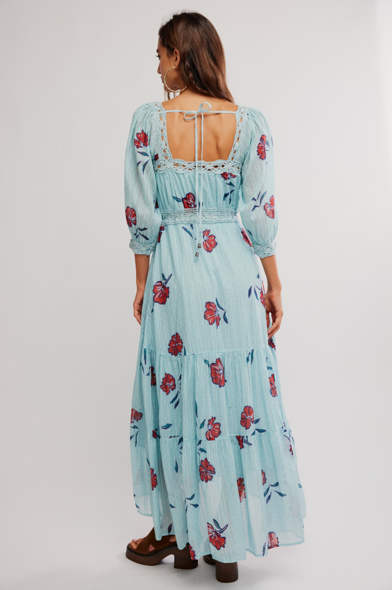 Free People - Morning Meadows Long-Sleeve Maxi Dress in Pastel Blue Combo