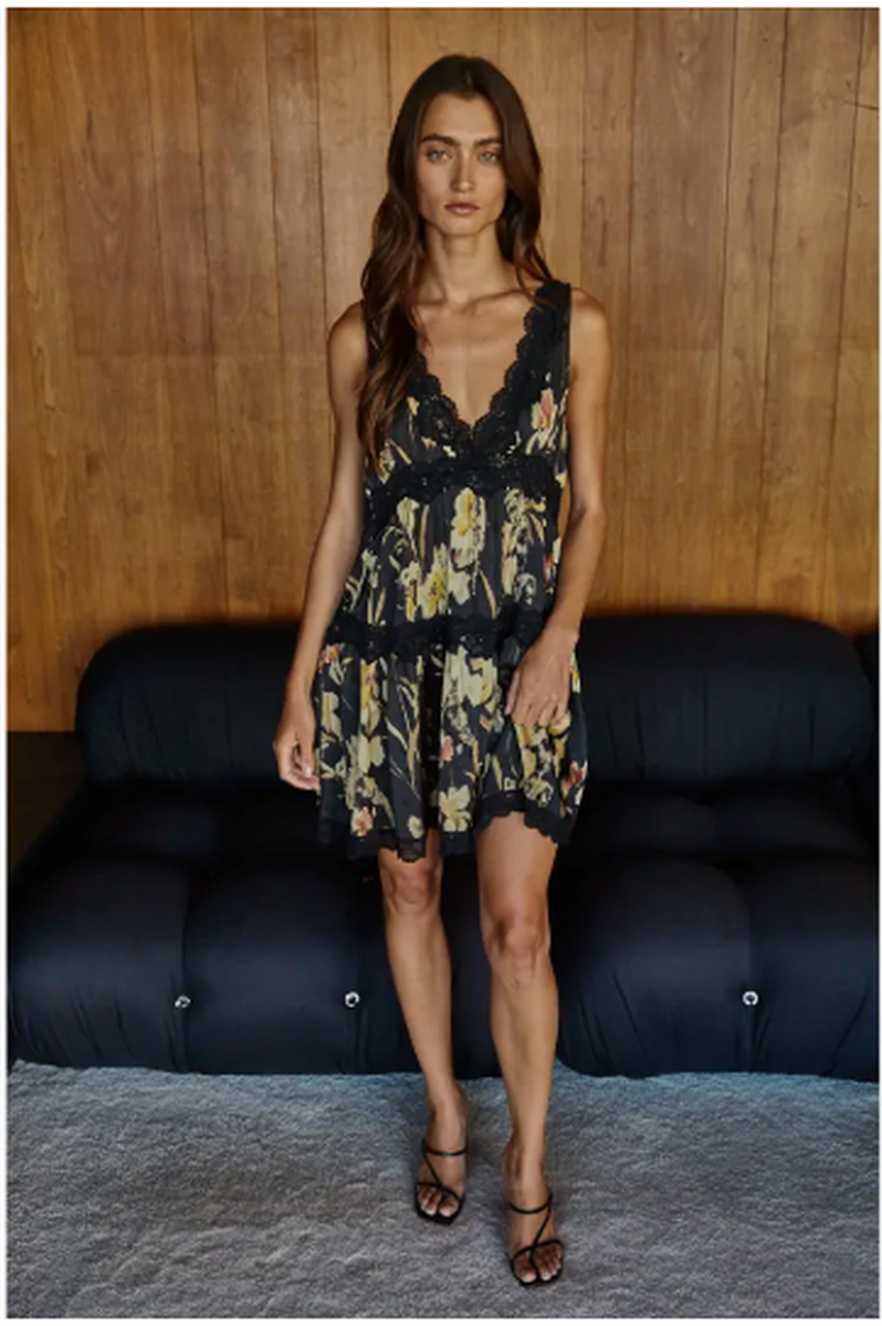 By Together - Mini Tiered Flair Cocktail Dress in Black Floral