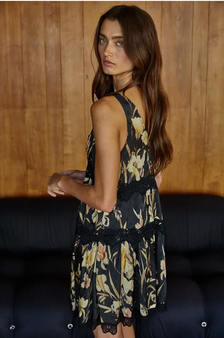 By Together - Mini Tiered Flair Cocktail Dress in Black Floral