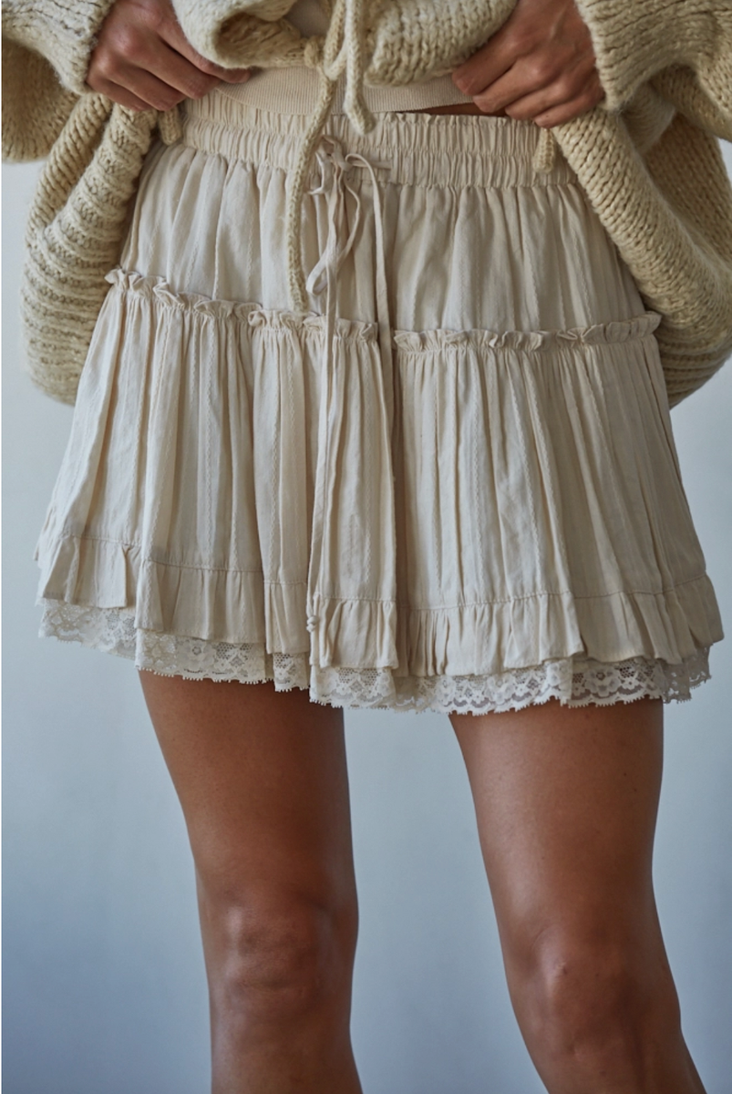 By Together - Woven Cotton Tiered Flare Mini Skirt in Off White