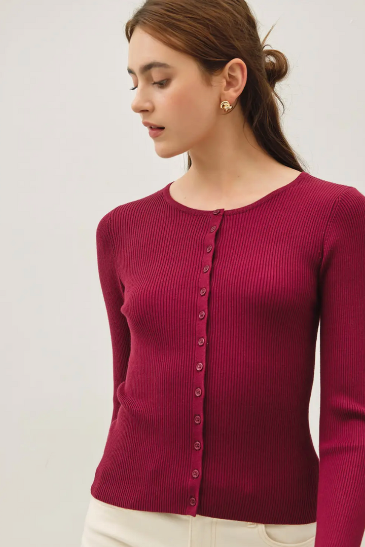 Be Cool - Ribbed Button Up Cardigan in Wine