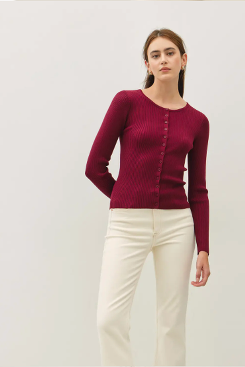 Be Cool - Ribbed Button Up Cardigan in Wine