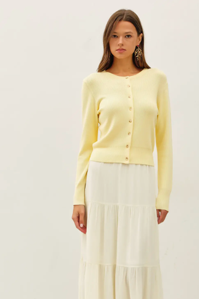 Be Cool - Ribbed Button Up Crewneck Cardigan in Lemonade