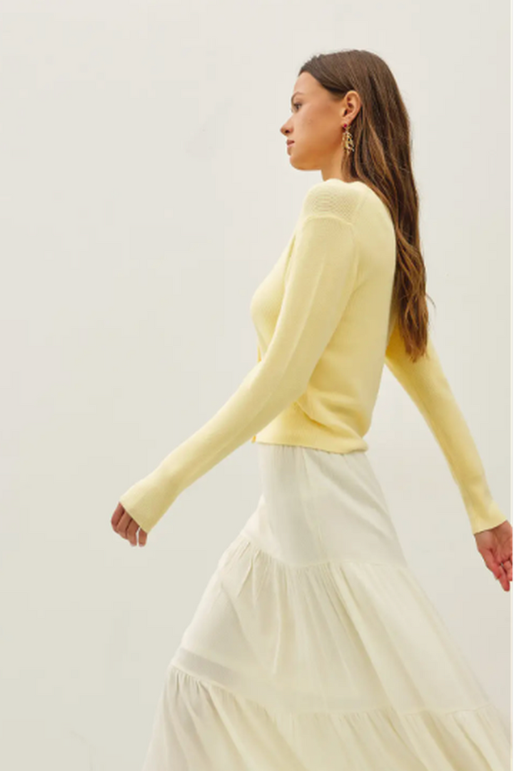 Be Cool - Ribbed Button Up Crewneck Cardigan in Lemonade