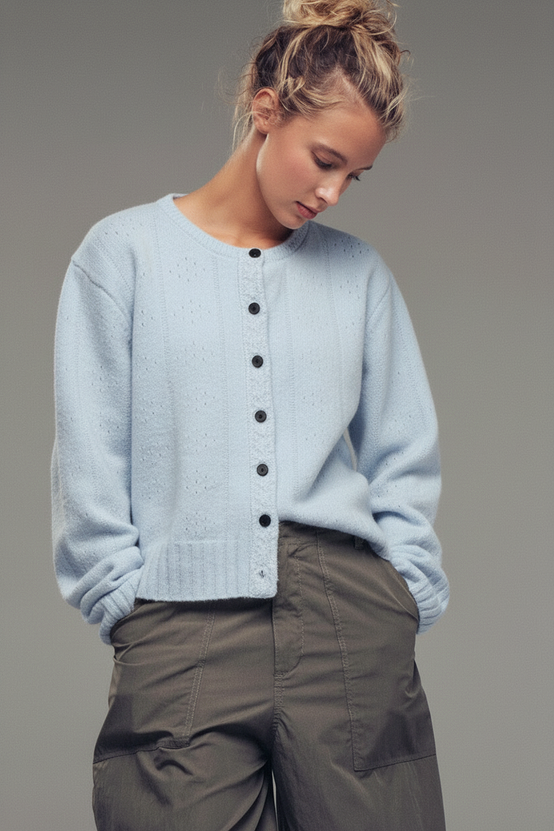 Urban Daizy - Lace Trim Wool Blend Cardigan in Pastel Blue