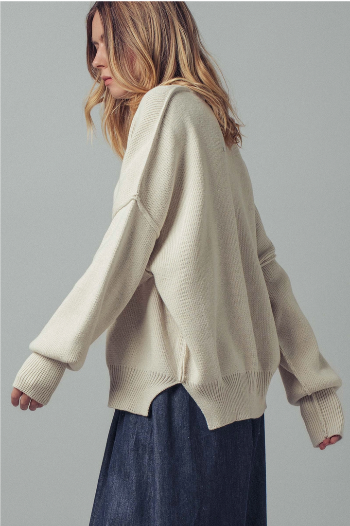 Urban Daizy - Oversized Cotton Blend Knit Sweater in Chalk