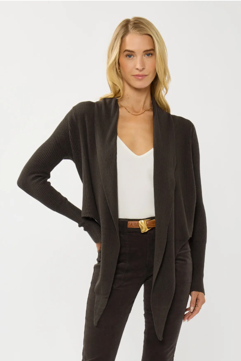 Lovestitch - Waffle Knit Long Sleeve Tie Front Cardigan in Dark Brown
