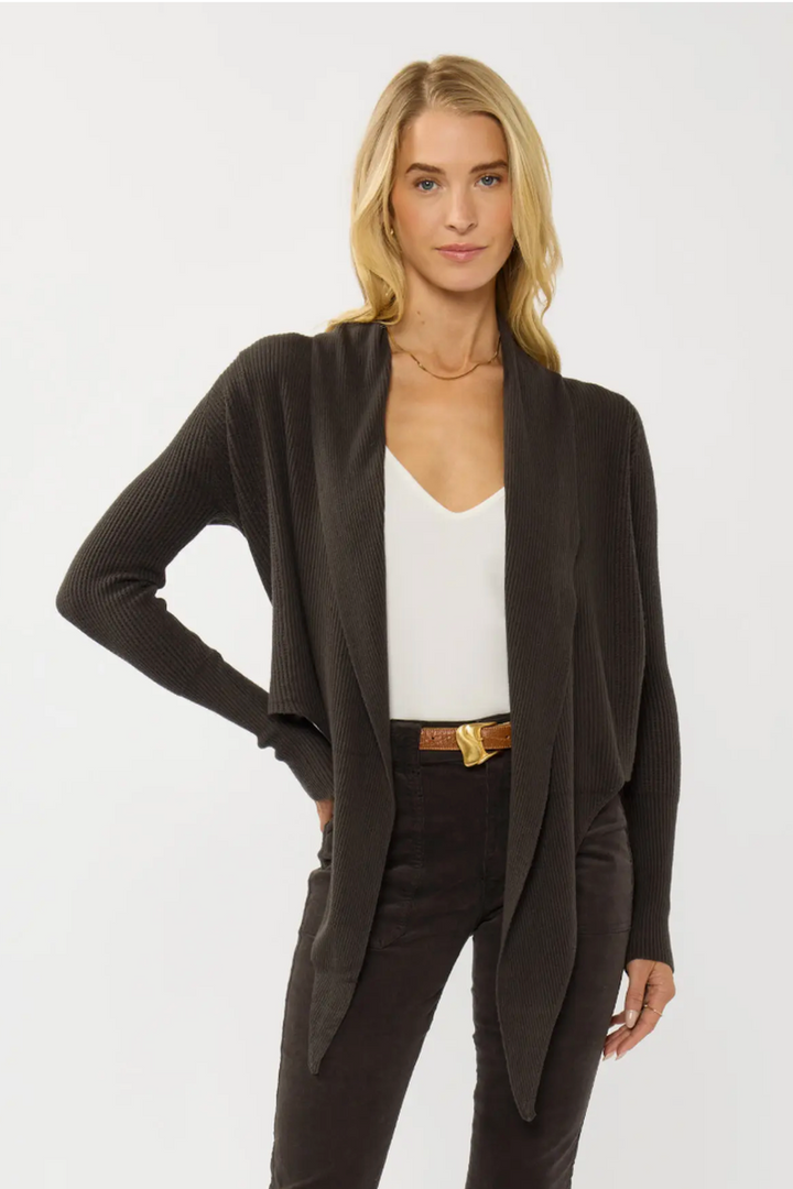 Lovestitch - Waffle Knit Long Sleeve Tie Front Cardigan in Dark Brown
