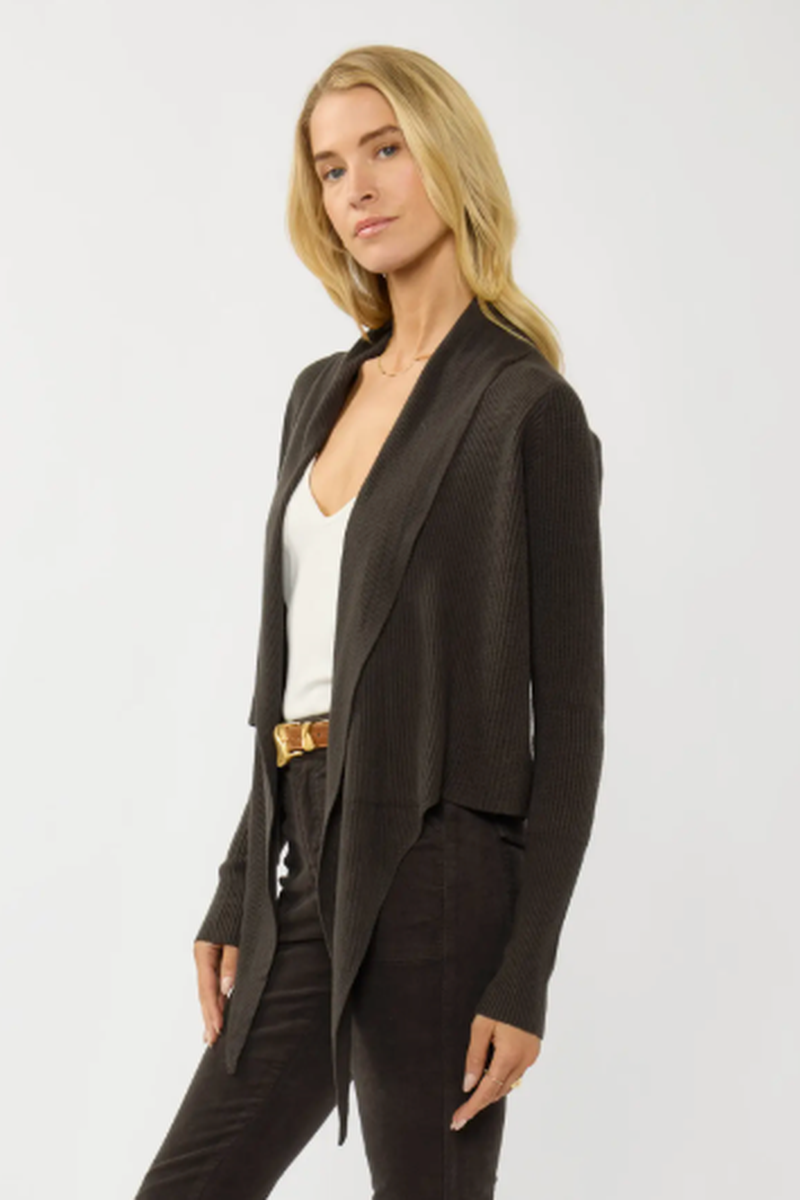 Lovestitch - Waffle Knit Long Sleeve Tie Front Cardigan in Dark Brown