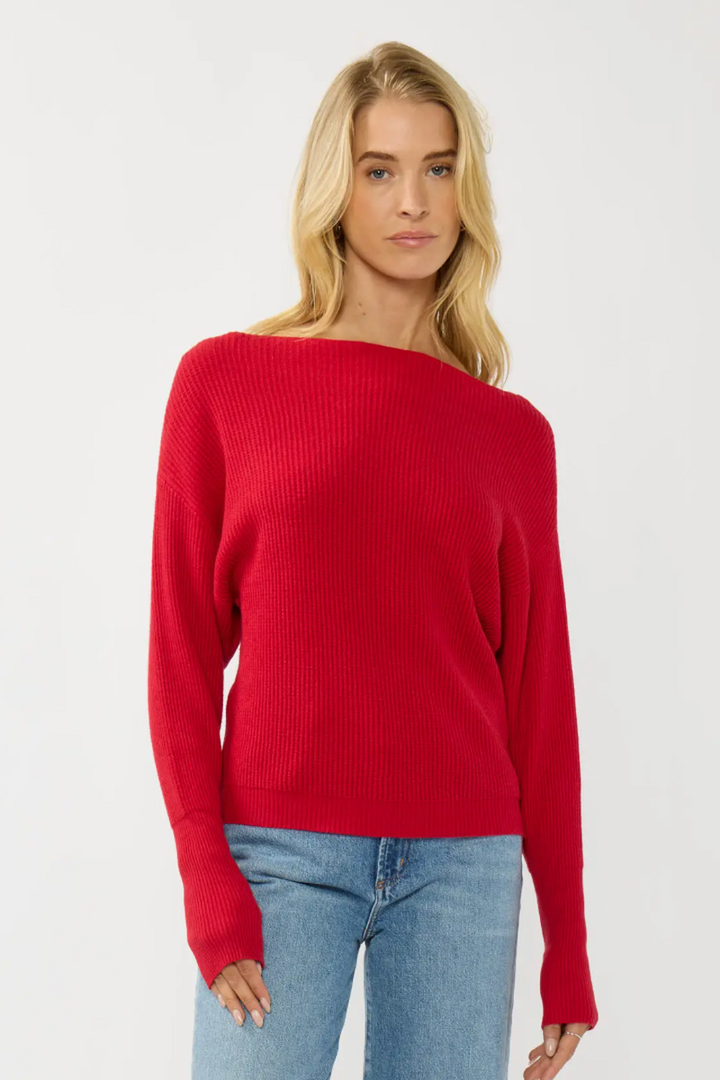 Lovestitch - Waffle Knit Long Sleeve Pullover Sweater in Red