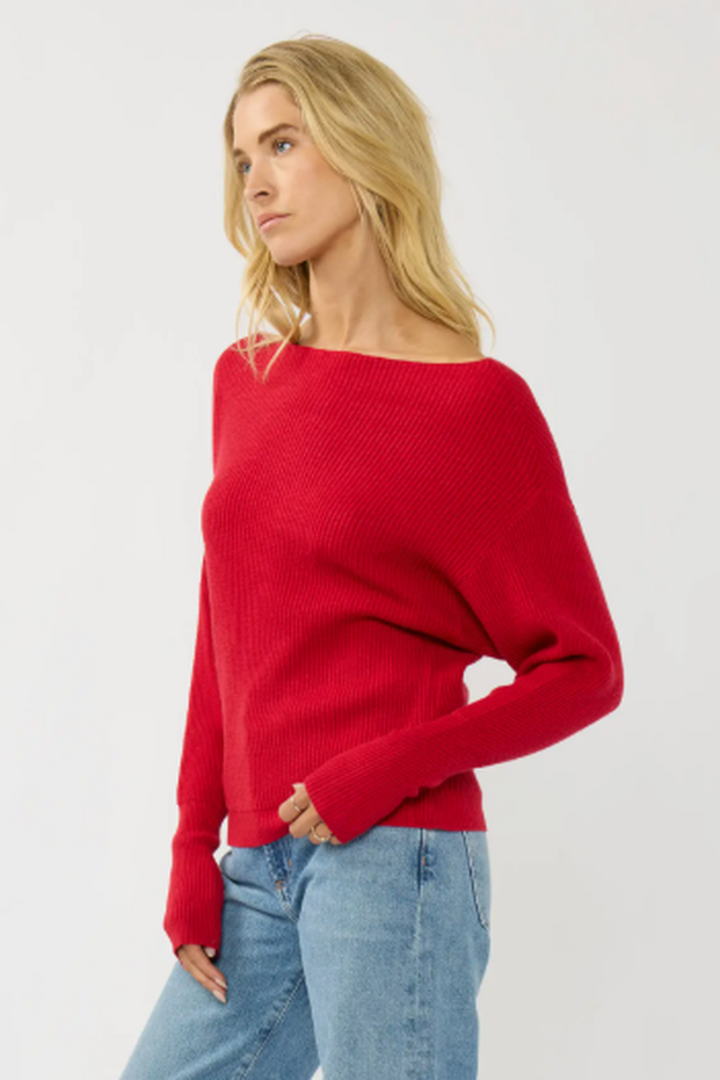 Lovestitch - Waffle Knit Long Sleeve Pullover Sweater in Red