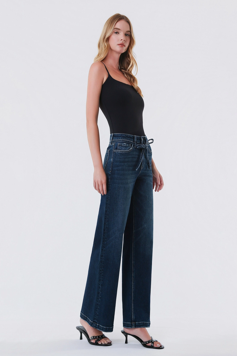 VERVET by FLYING MONKEY - High Rise Wide Leg Jeans With Waist Tie in Astonishment