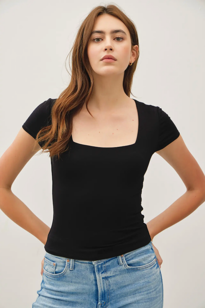 Be Cool - Square Neck Knit Tee in Black