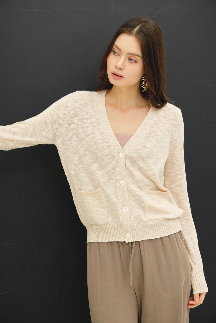 Be Cool -  Cotton Slub Button Up Cardigan in Champagne