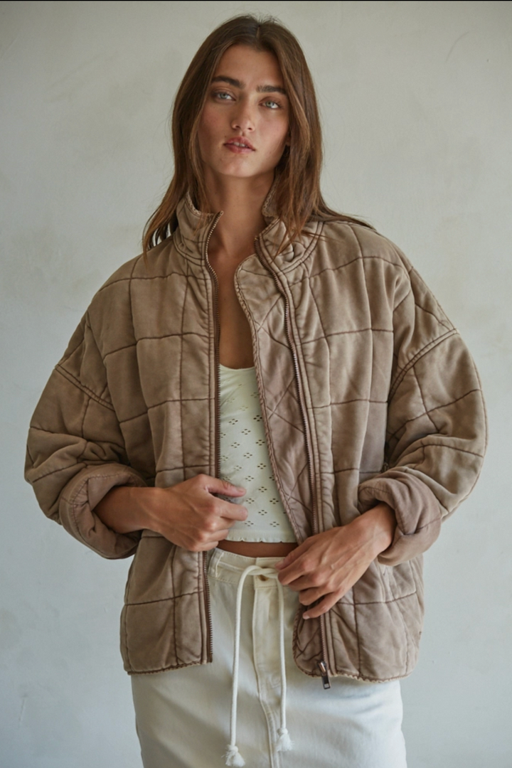 By Together - Long Sleeve Quilted Knit Mineral Washed Jacket in Rose Taupe