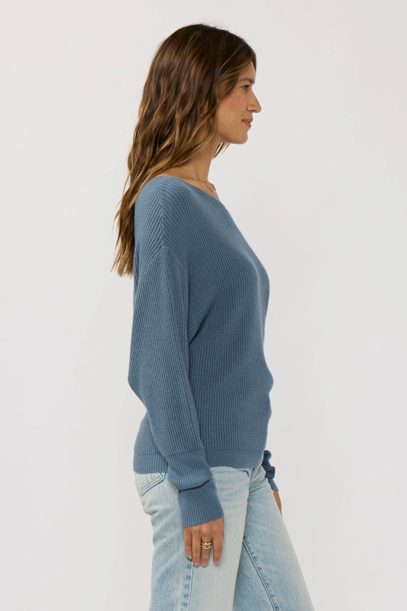 Lovestitch - Waffle Knit Long Sleeve Pullover Sweater in Heather Ocean