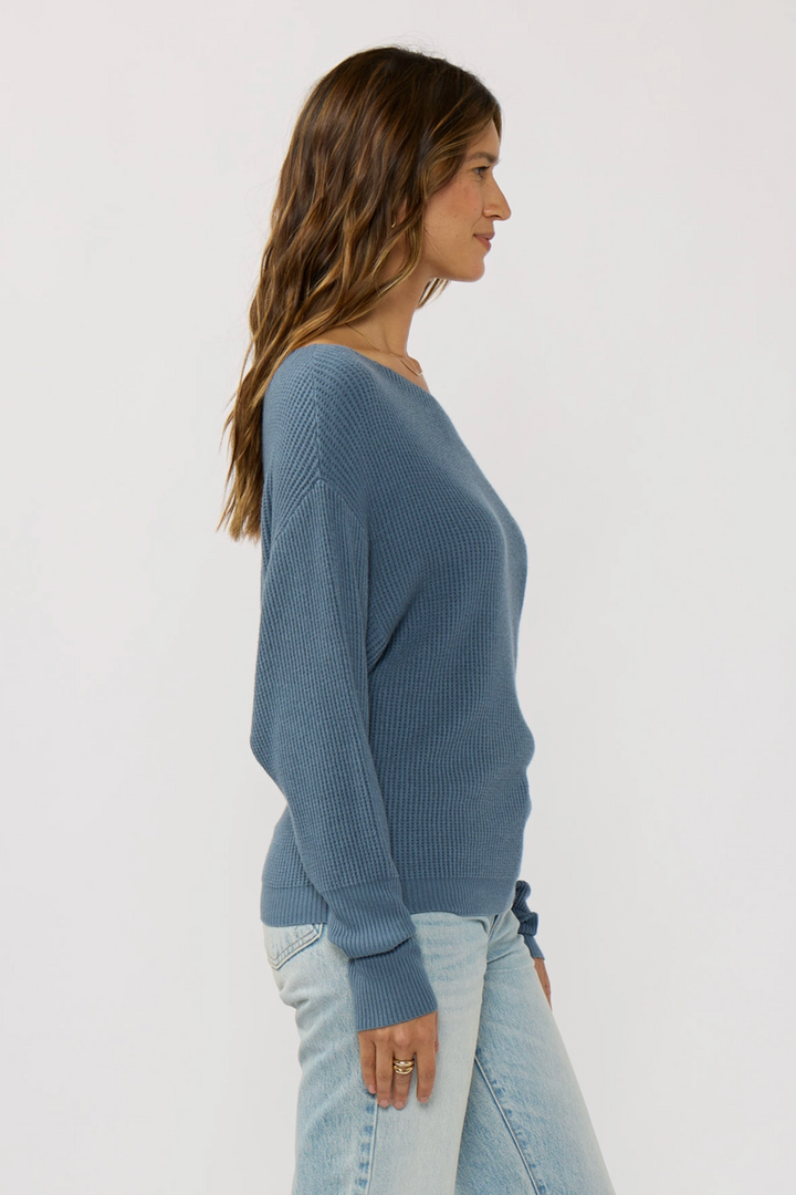 Lovestitch - Waffle Knit Long Sleeve Pullover Sweater in Heather Ocean