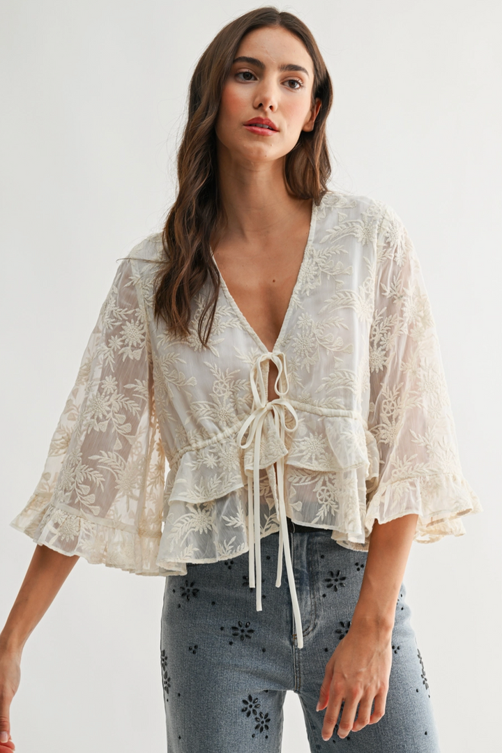 Camellia - Boho Embroidered Sheer Blouse With Bell Sleeves in Cream