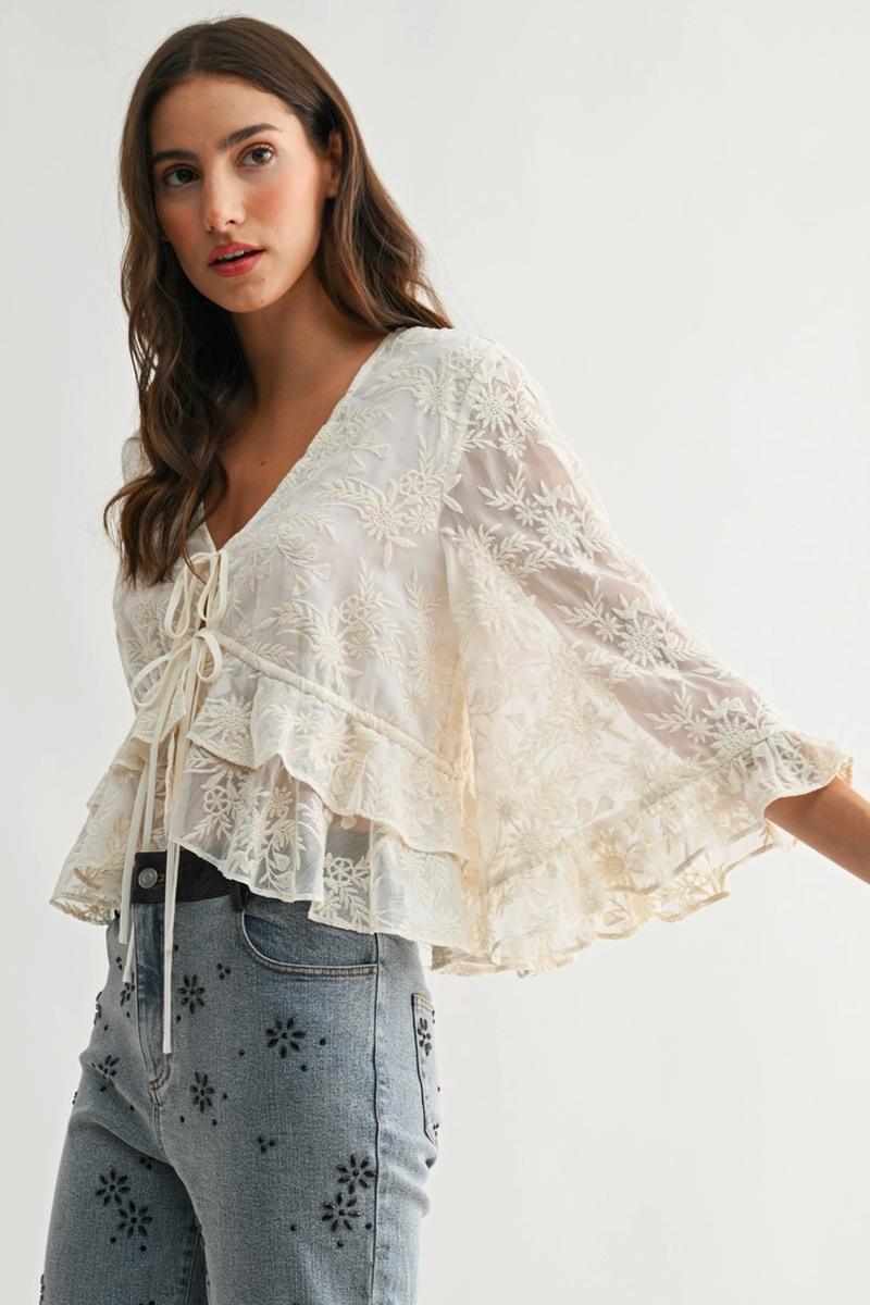 Camellia - Boho Embroidered Sheer Blouse With Bell Sleeves in Cream