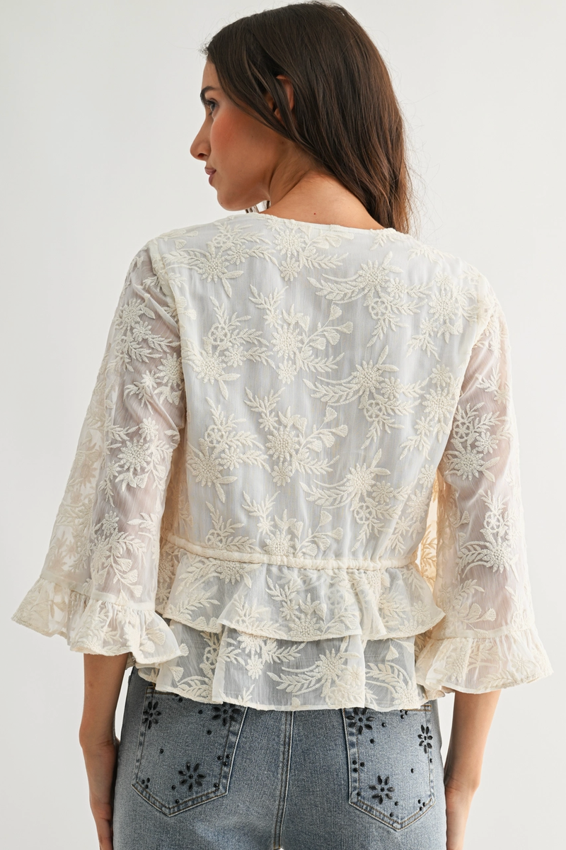 Camellia - Boho Embroidered Sheer Blouse With Bell Sleeves in Cream