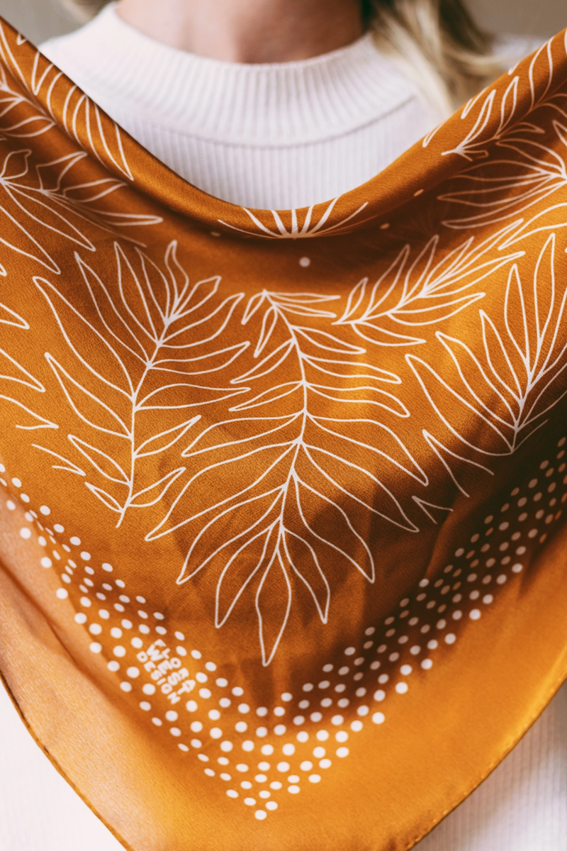 Flora West Design - 100% Silk Bandana Scarf - Tropical Palms Amber Western Style
