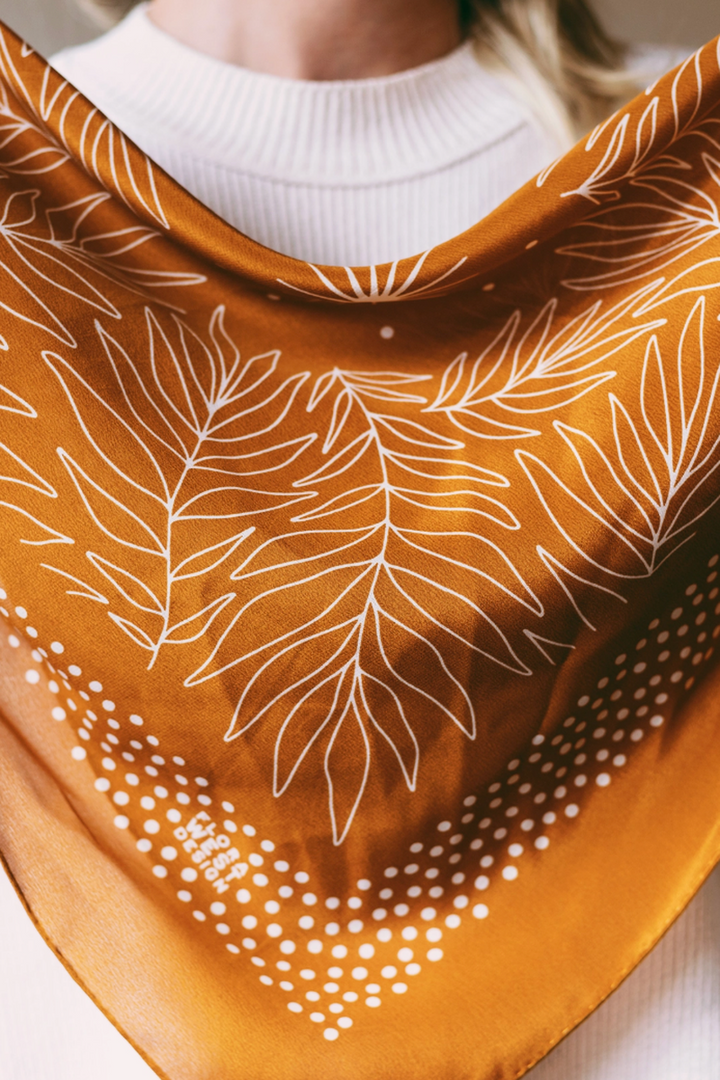 Flora West Design - 100% Silk Bandana Scarf - Tropical Palms Amber Western Style