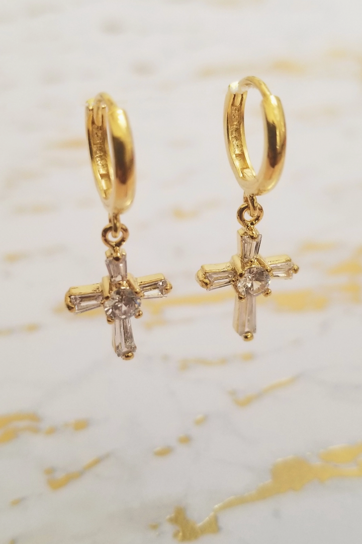 HolyBang Jewels - Crystal Cross Huggie Earrings