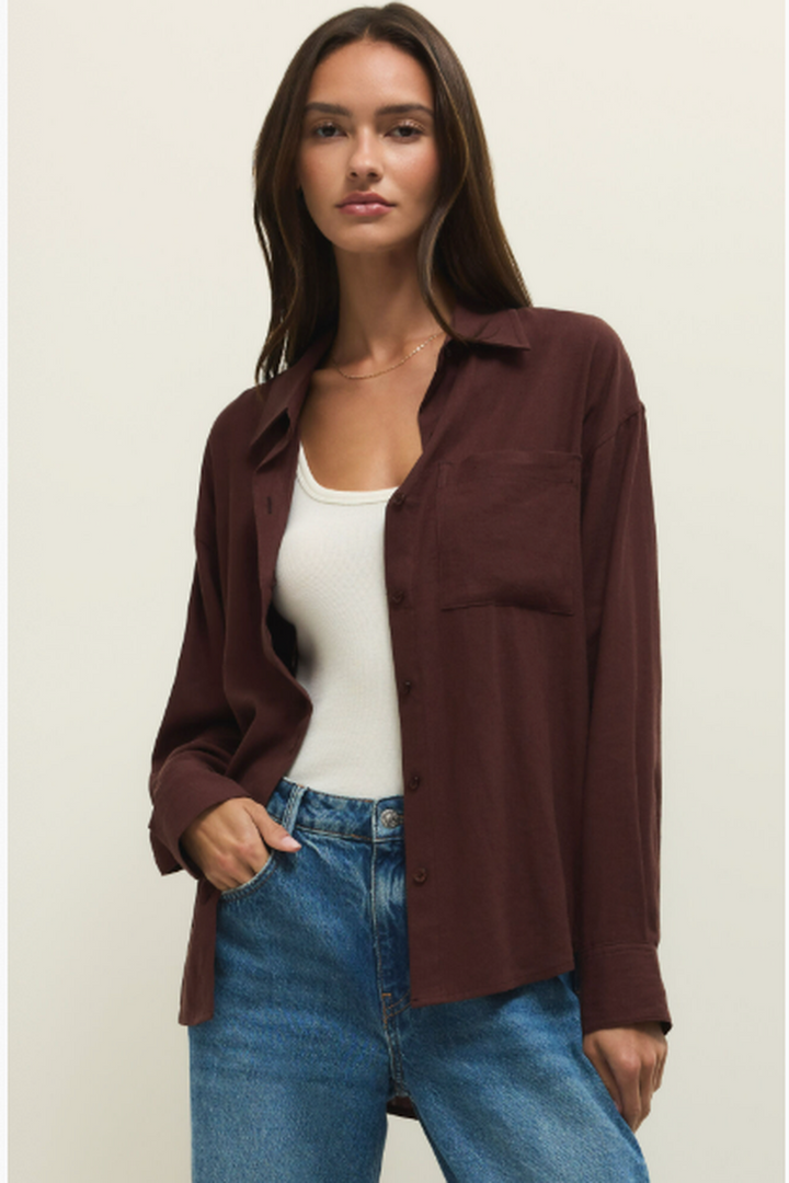 Z Supply - Alfie Button Up Shirt in Chocolate Cherry