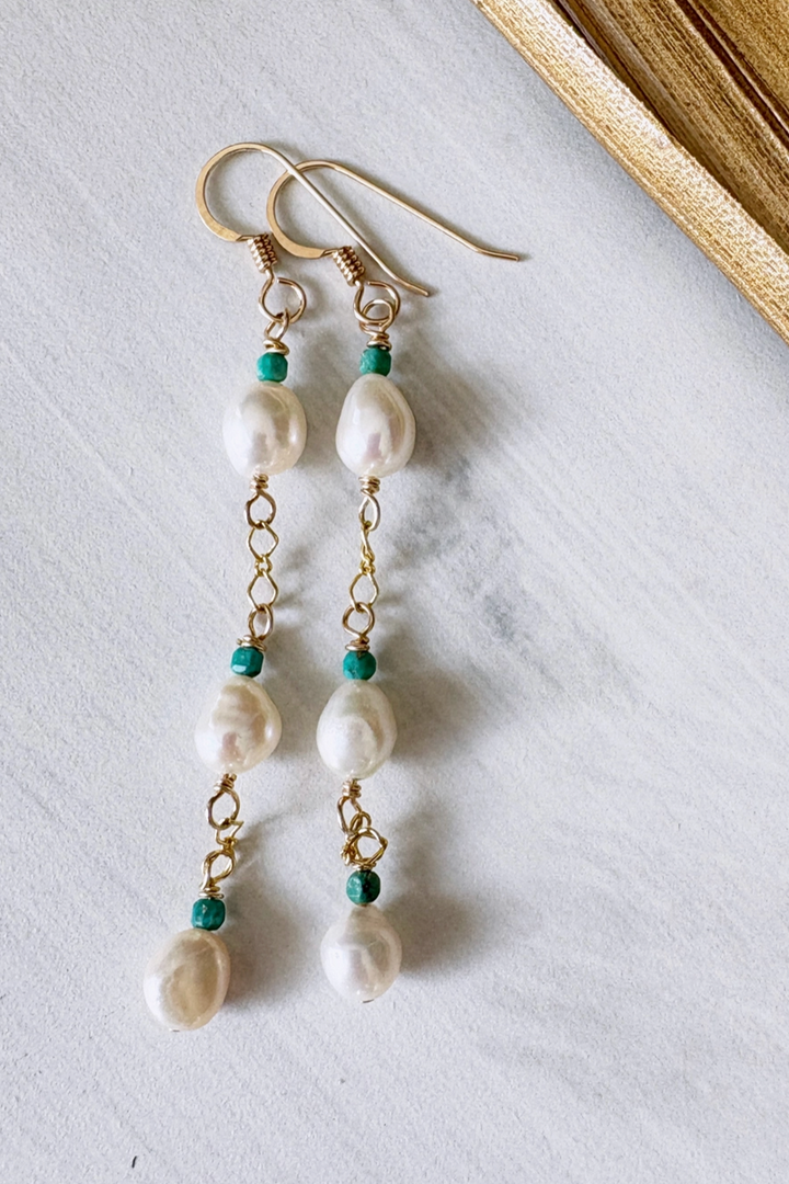 Quinn Sharp - Triple Freshwater Pearl and Turquoise Boho Dangle Earrings in 14k Gold Fill
