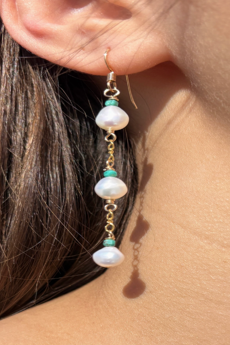 Quinn Sharp - Triple Freshwater Pearl and Turquoise Boho Dangle Earrings in 14k Gold Fill