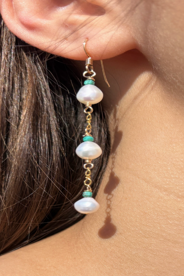 Quinn Sharp - Triple Freshwater Pearl and Turquoise Boho Dangle Earrings in 14k Gold Fill
